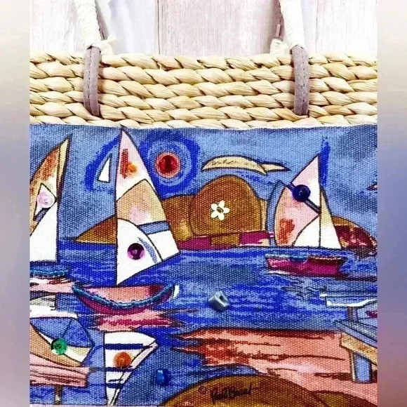 Sun & Sand Sailboats Straw Purse Embellished Sequins Paul Brent Wearable Art - Picture 2 of 11
